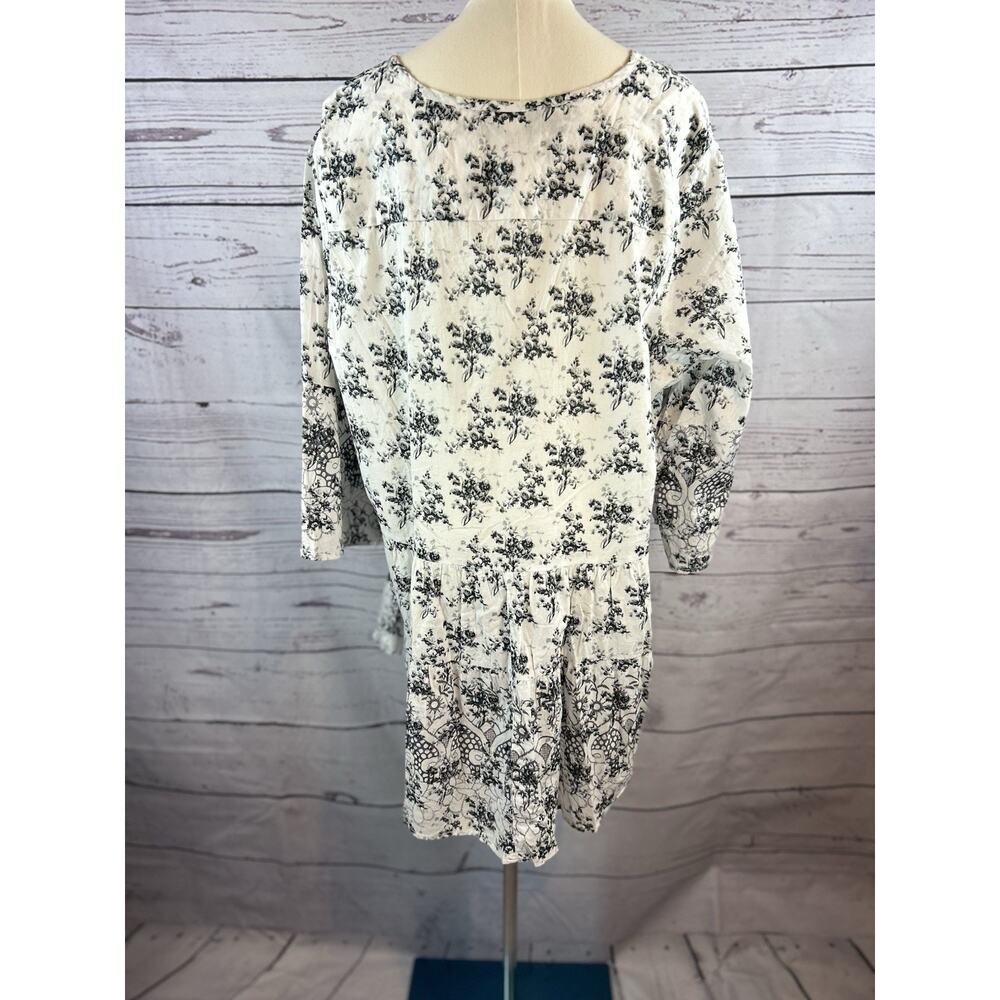 Ellos Babydoll Tunic Blouse Womens 1X White Black Floral 100% Cotton NWT - Picture 4 of 6